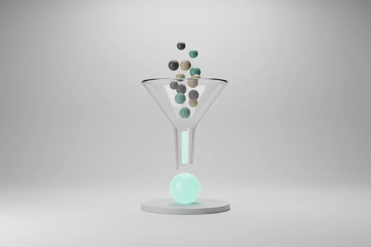 Transparent funnel turns scattered beads into one glowing sphere on a soft neutral background.