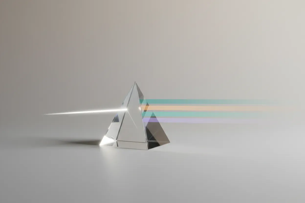 Clear glass prism splits a single white beam into three colored rays on a soft gray background.