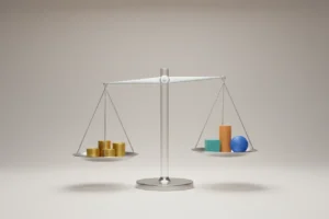 Modern balance scale evenly weighing gold coins against diverse geometric shapes on a soft neutral background.