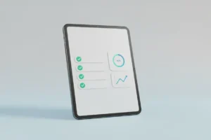 Sleek tablet with checklist icons and a rising graph on a soft background, symbolizing streamlined onboarding, improved retention and productivity.