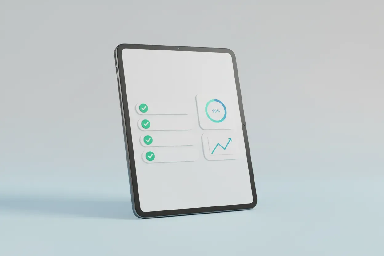 Sleek tablet with checklist icons and a rising graph on a soft background, symbolizing streamlined onboarding, improved retention and productivity.