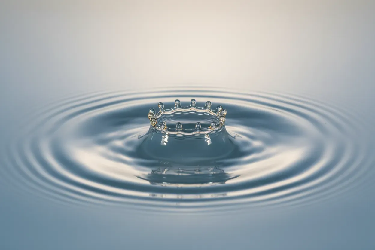 Single droplet hits calm water, ripples expand on neutral background, symbolizing employee advocacy impact.