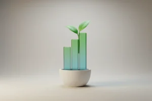 Single bar-chart plant sculpture on soft neutral background, symbolizing measured employee experience growth.