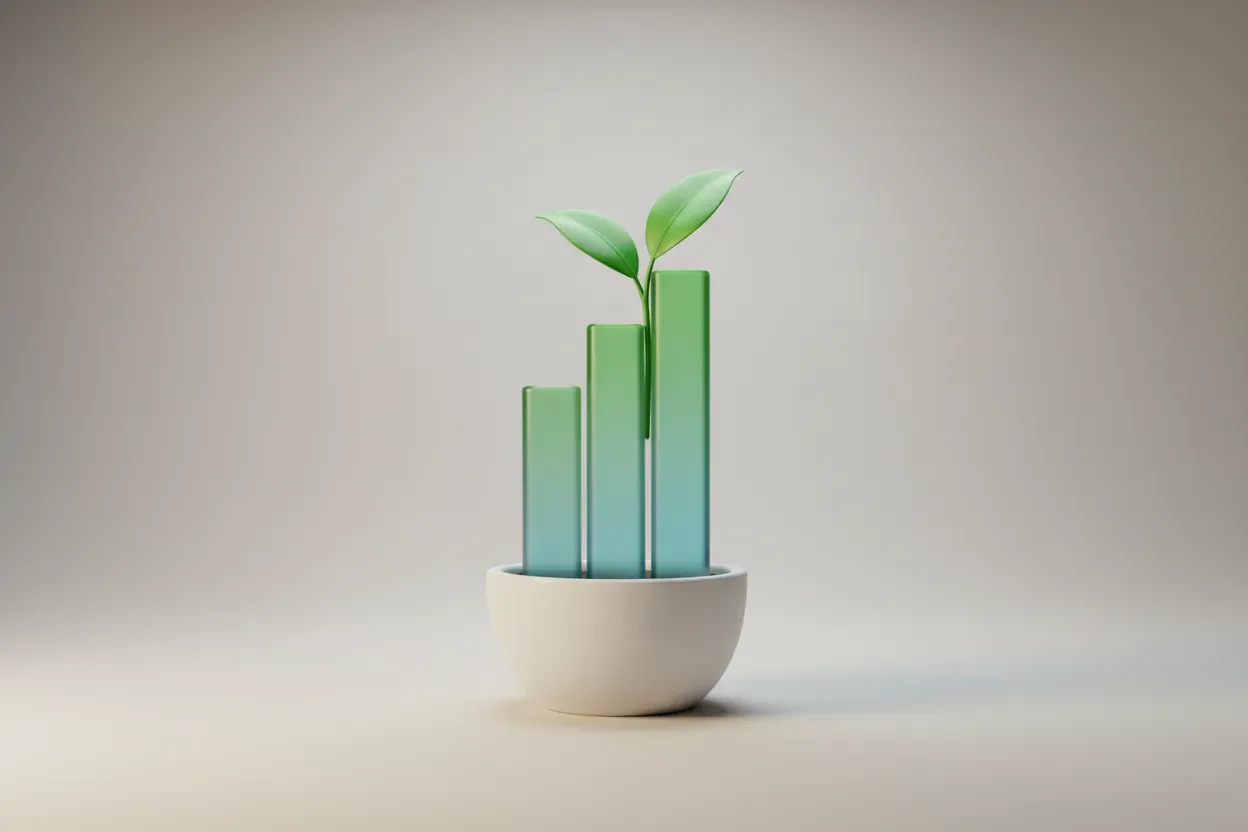 Single bar-chart plant sculpture on soft neutral background, symbolizing measured employee experience growth.