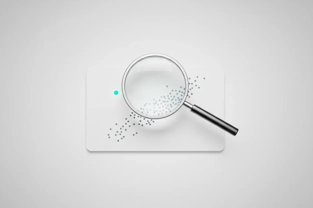 Magnifying glass highlighting an outlier dot on a minimalist scatterplot against a soft gray background.
