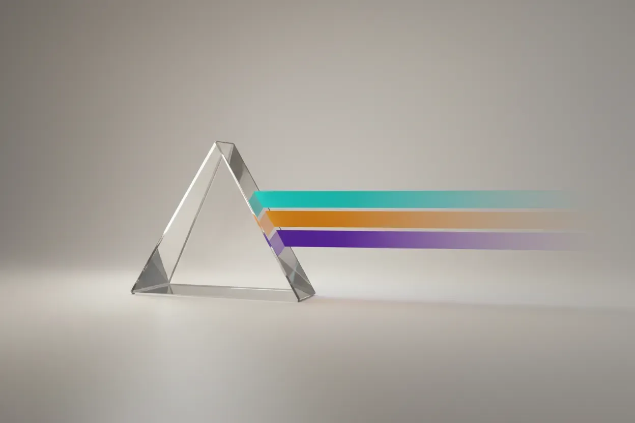 Glass prism splits a single light beam into multiple color bands on a neutral background, symbolizing tailored employer branding.
