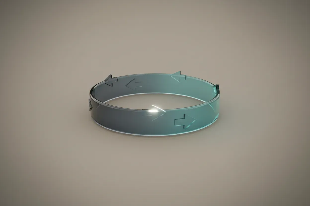 Translucent Mobius loop on a soft gray background, symbolizing continuous peer feedback and a shared point of insight.