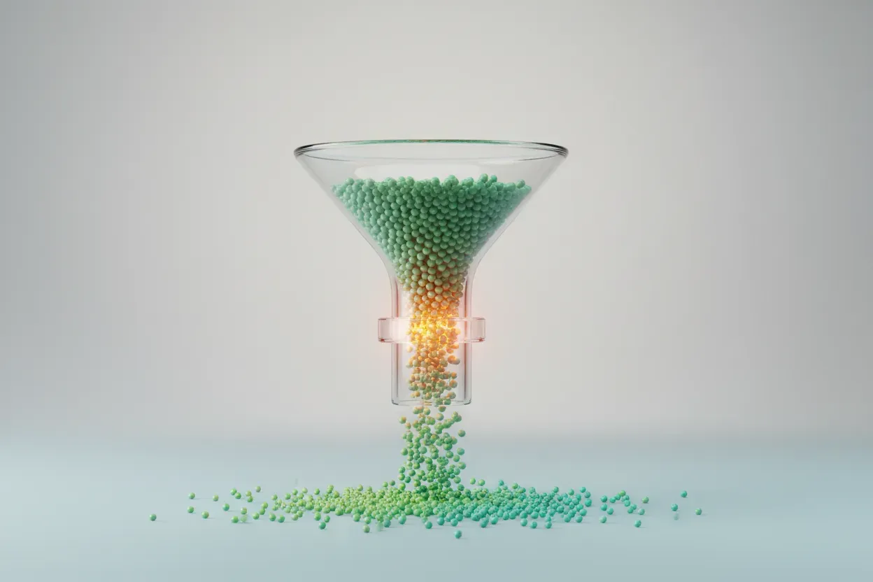Clean 3D hiring funnel with colored spheres, a highlighted bottleneck, and smoother flow below on a soft neutral background.
